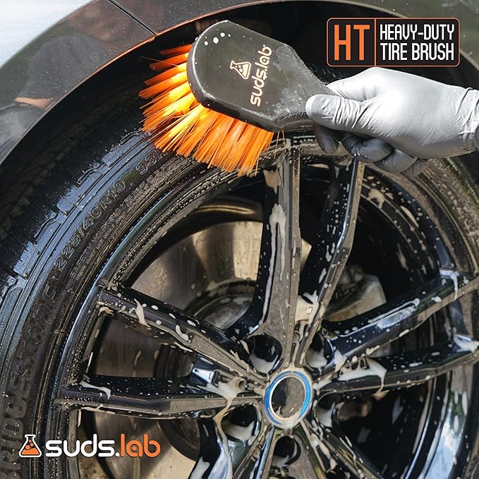 SudsLab HT Wheel and Tire Brush - Rim Cleaner Wheel Brush for Cleaning Car, Truck, Auto, Motorcycle, Detailing Tools, Curved Shape, Black, 8.5 Inch x 3 Inch x 3 Inch