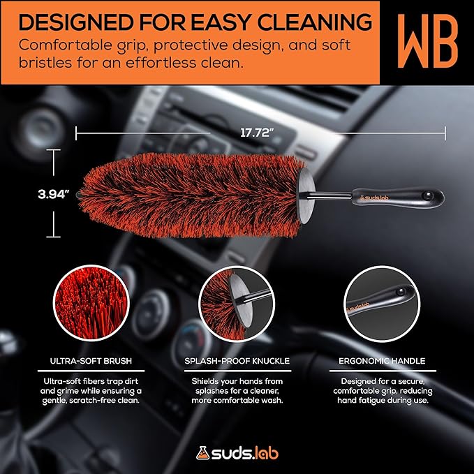 Suds Lab WB Premium Microfiber Detailing Wheel Brush for All Vehicle Types – 17.7" Ultra-Soft and Scratch-Free Reusable Rim, Wheel, and Tire Brush for Deep Cleaning