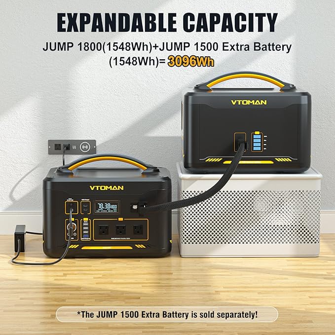 VTOMAN Jump 1800 Portable Power Station, 1548Wh LiFePO4 Solar Generator 1800W (Peak 3600W) Constant-Power Battery Power Station, Regulated 12V DC, 2 PD 100W Type-C for Home Backup & RV/Van Camping