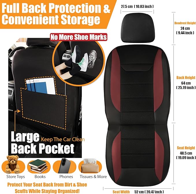 kingphenix 2PCs Memory Foam Leather Car Seat Covers, Breathable 4D Mesh, Easy Install Automotive Seat Protectors, Airbag Compatible, Universal Fit for Cars, Trucks, Vans, SUV - Red