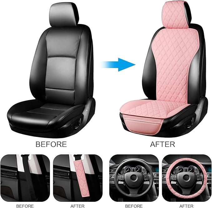 2PCs Front Car Seat Covers, Leather Seat Covers with Steering Wheel Cover and Two Seat Belt Pads, Waterproof Seat Covers for Cars Universal Fit 95% Vehicles (Pink)