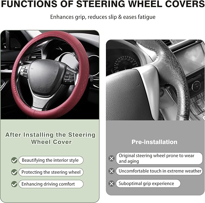 【2025 Model】 Premium Nappa Leather Car Steering Wheel Cover for Men Women, Non-Slip, Breathable, Universal 15 inches Steering Wheels, Red