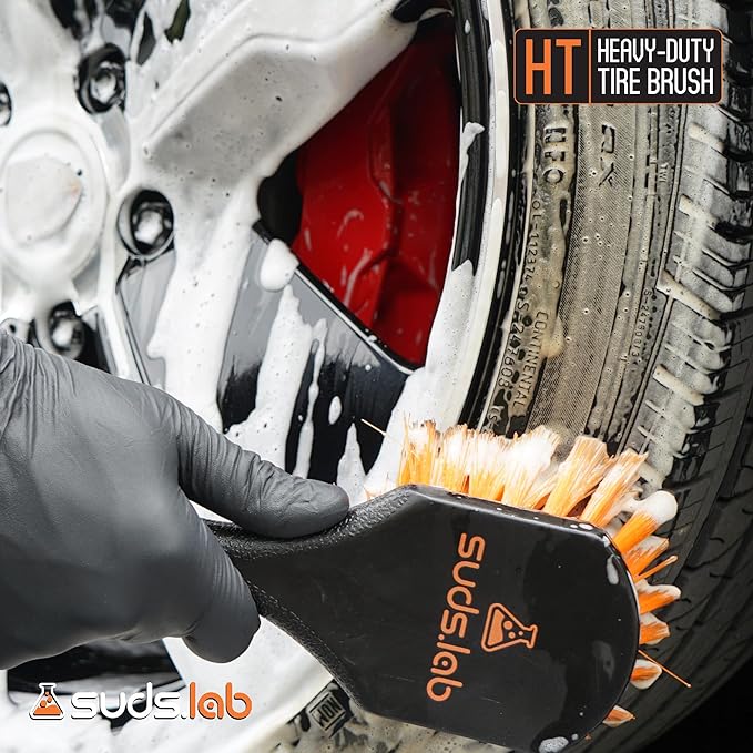 SudsLab HT Wheel and Tire Brush - Rim Cleaner Wheel Brush for Cleaning Car, Truck, Auto, Motorcycle, Detailing Tools, Curved Shape, Black, 8.5 Inch x 3 Inch x 3 Inch