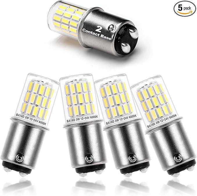 12V BA15D LED RV Camper Interior Light Bulbs,1076 1142 1176 S8 3W 6000K Daylight Bright White,Double Contact DC Bayonet Base,AC10-24V DC10-30V Low Voltage BA15D for Marine Boat Trailer Lights,5Pack