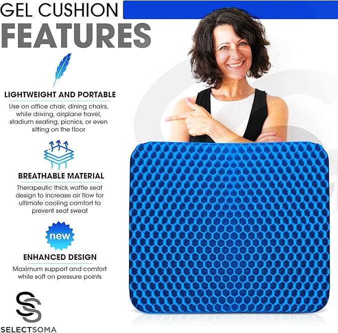 SelectSoma Double-Thick Gel Seat Cushion for Long Sitting Pressure Relief for Back, Sciatica, Coccyx, Tailbone Pain - Cushion for Office Chair, Wheelchair, Car & Truck, Patio Chairs - Egg Seat Pad