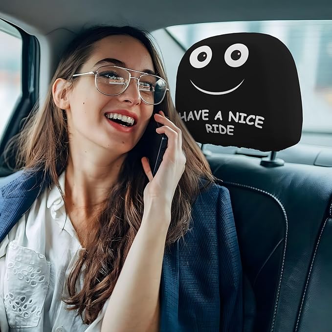 Funny Car Headrest Covers 2 Pack – Double-Sided with Smile “Have A Nice Ride” & Angry “Don’t Touch My Car” Faces – Universal Fit Seat Headrest Protector for Cars, SUVs, Trucks