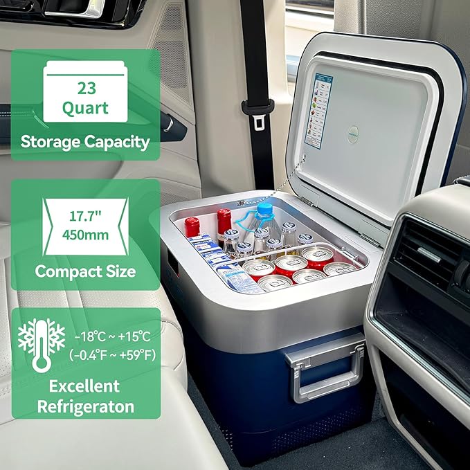 Car Refrigerator Portable Car Fridge 12V Refrigerator 23 Quart (22 Liter) Freezer Compressor Cooler 12V/24V DC 110~240 V AC for Outdoor Camping Travel Home Use -18℃~+15℃ (Blue)