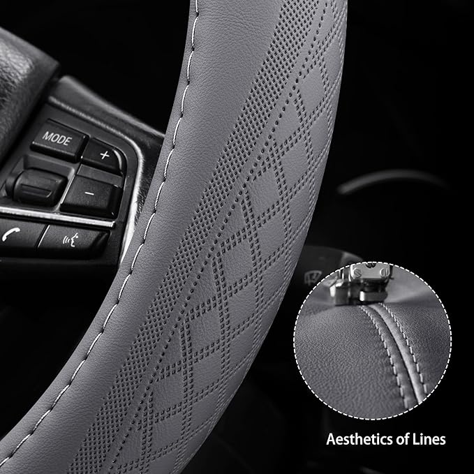 【2025 Model】 Premium Nappa Leather Car Steering Wheel Cover for Men Women, Non-Slip, Breathable, Universal 15 inches Steering Wheels, Grey