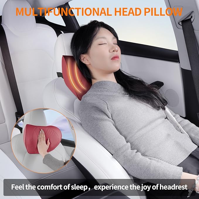 Car Neck Pillow Memory Foam Premium Leather Headrest Neck Support Cushion Universal for Driving Home Office, Red,2PC