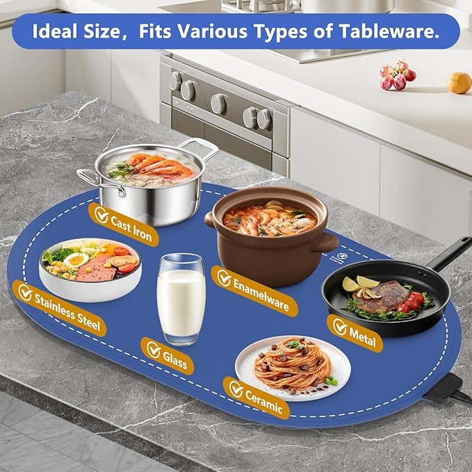 Warming Mat for Food,Temperature Adjustable Food Warmers for Parties Buffet with Timer,Silicone Food warming trays with Heat Proof Base,Roll Up Food Heating Mat for Home & Travel(Blue)