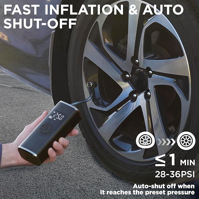 StartPro Tire Inflator Portable Air Compressor, 150PSI Cordless Air Pump, Dual Power Suply, LED Display, Flashlight, Auto Shut-Off, Fast Inflation for Car, Motorcycle, Bike, and Sports Equipment