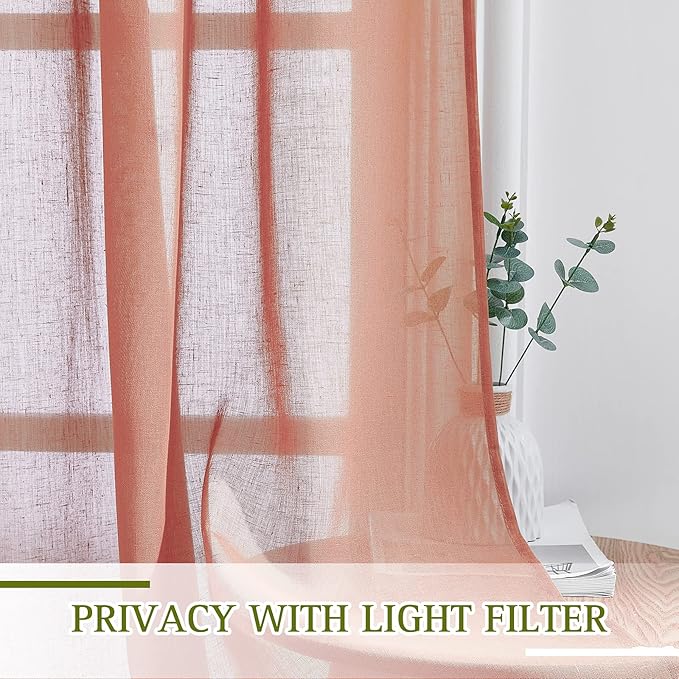 NICETOWN Semi Sheer Linen Patio Curtains for Sliding Door, Grommet Top Rustic Linen Burlap Curtains Privacy with Light Through Drapes for Bedroom/Home Office, Burnt Orange, W70 x L84, 1 Pair