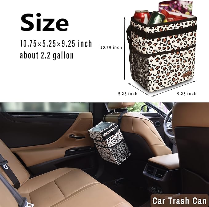 Cute Car Trash Can with Lid – Multipurpose Collapsible Trash Bin for Car, Leak-Proof Organizer, Waterproof Garbage Can with Storage Pockets & Adjustable Straps, 2 Gallons (Leopard Print)