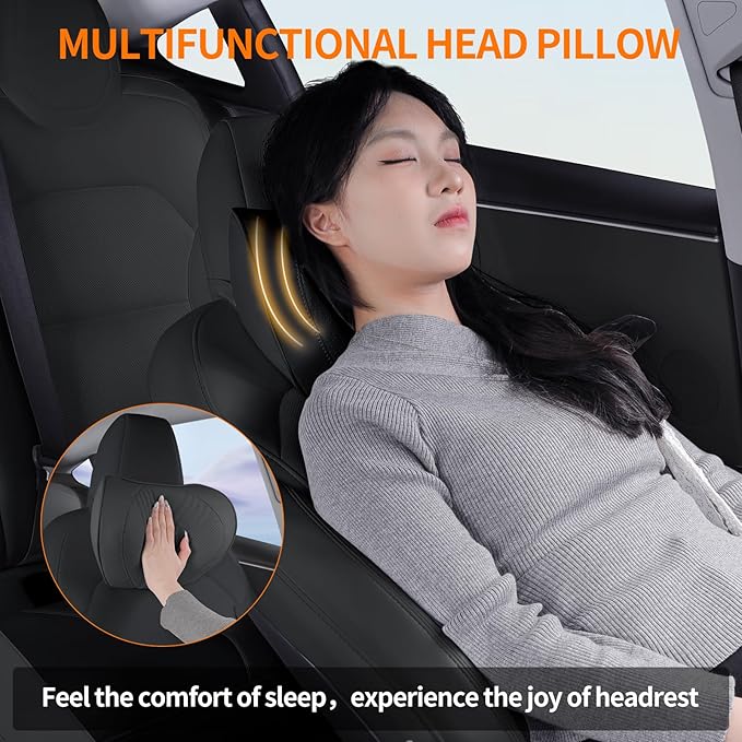 Car Neck Pillow Memory Foam Premium Leather Headrest Neck Support Cushion Universal for Driving Home Office, Black,2PC