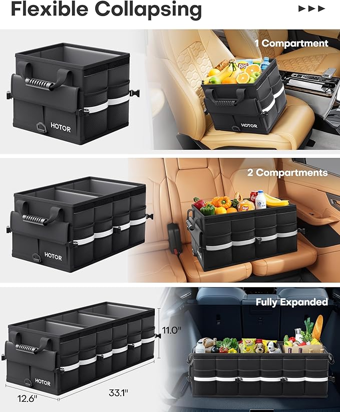 HOTOR Car Trunk Organizer - Foldable Trunk Organizer for SUV, Car Storage with Reflective Strips & Securing Cover, Large Capacity Car Accessories for Truck, Van & Sedan, Black, 33.1" x 12.6" x 11.0"