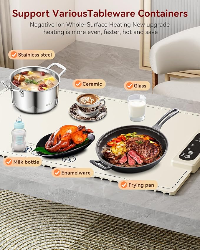 Negative ion Food Warming Mat with Adjustable Temperature,Foldable Electric Warming Tray for Parties Features 3 Modes & Fast Heating,Roll Up Food Warmer for Parties,Shabbat,Christmas (White)