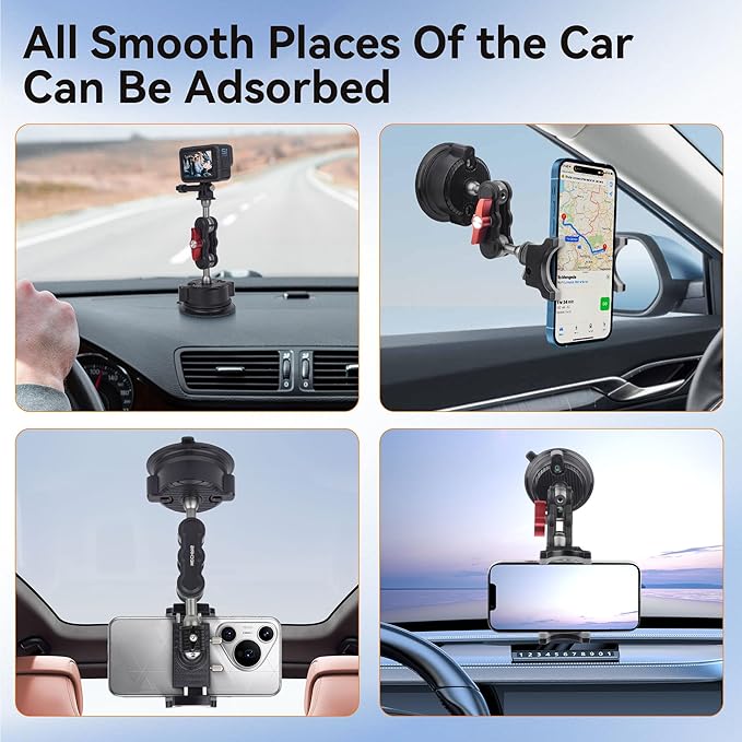 Suction Cup Car Phone Mount, 360°Rotating Car Phone Holder Video Recording, Universal Ball Head Arm for Cellphone Car Holder, Heavy Duty Car Phone Mount for Dashboard, Windshield-SJ001 (Standard01)
