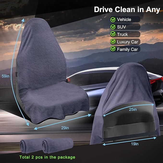Car Seat Towel Cover, 2pcs Universal Front Seat Protector for Cars, SUVs and Trucks, Sweat Towel Car Seat Cover for Gym, Yoga, Swimming, Pets and Family Travel, Purple Gray