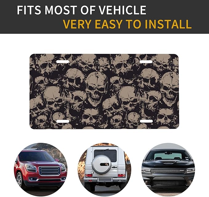Front License Plate Retro Skull Vanity Plates Aluminum Metal Decorative Car Tag Novelty License Plate Cover for Men Women 6 * 12 in (4 Holes)