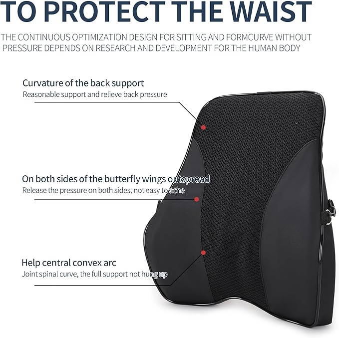 Lumbar Support and Car Neck Pillow for Office Chair and Car Seat ,Softness Memory Foam Erognomic Seat Cushion with Adjustable Strap,Comfortable Ergonomic Design (Black, Polyester)
