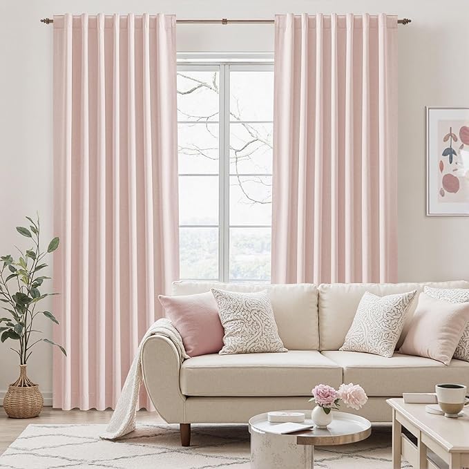 UHITECH 90 Inch Curtains for Living Room Pink Blackout Curtain for Bedroom 2 Panels Set Window Linen Textured Noise Reducing Thermal Insulated Rod Pocket Modern Farmhouse Drapes