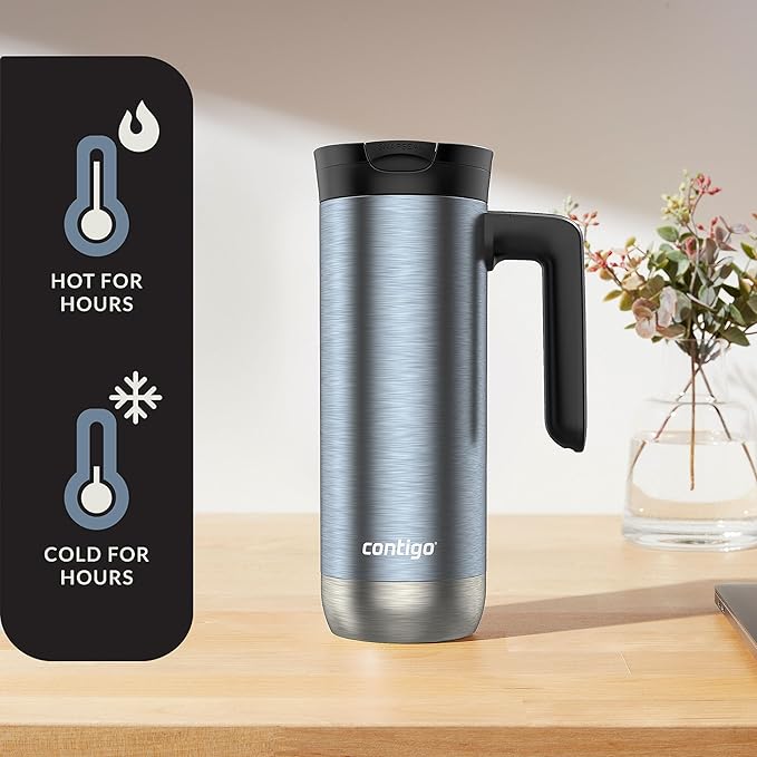 Contigo Superior 2.0 Stainless Steel Travel Mug with Handle Leak-Proof Lid Double-Wall Insulation for Hot & Cold Beverages, 20oz ,Dark Ice, Ideal for Commuting and Travel