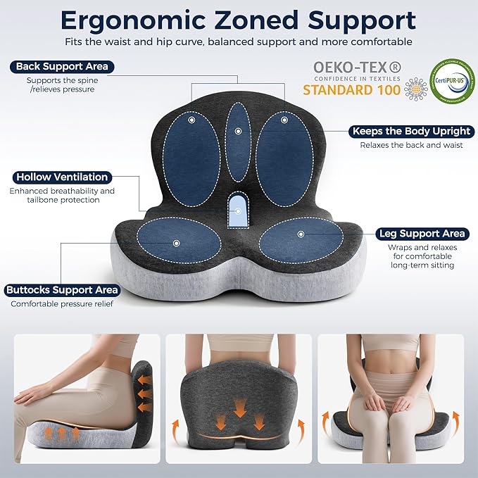 Seat Cushion, Office Chair Cushions for Lower Back Tailbone Protect, Seat Cushions for Office Chair with L-Shaped Ergonomic Design, Memory Foam Chair Cushion for Long Sitting Office Worker(Black Gray)