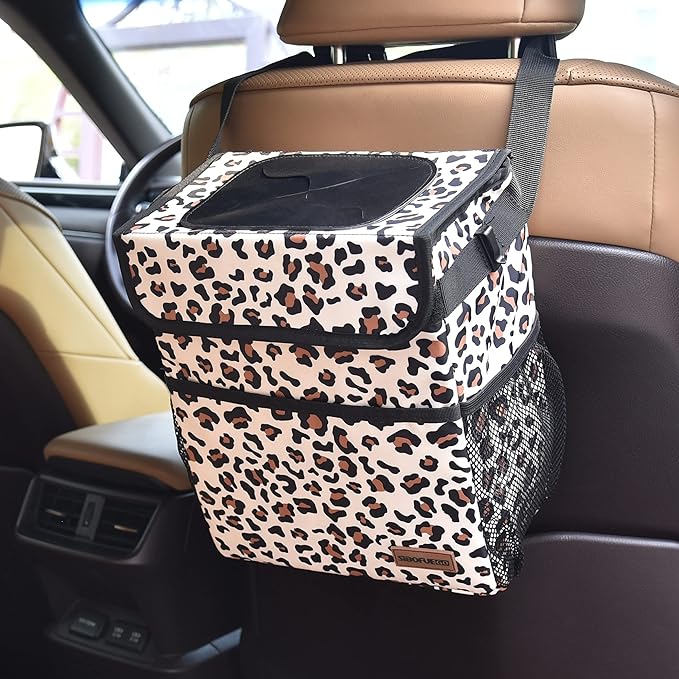 Cute Car Trash Can with Lid – Multipurpose Collapsible Trash Bin for Car, Leak-Proof Organizer, Waterproof Garbage Can with Storage Pockets & Adjustable Straps, 2 Gallons (Leopard Print)