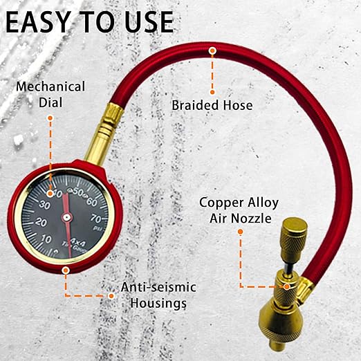 SUVCARMPING 60/70 PSI Tire Pressure Gauge Accurate Air Pressure Gauge (±1%), for Tires with Large Glow Dial, Valve Cap and Valve Core Tool, Red