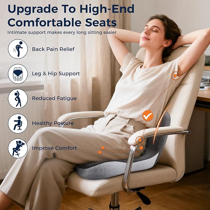 Seat Cushion, Office Chair Cushions for Lower Back Tailbone Protect, Seat Cushions for Office Chair with L-Shaped Ergonomic Design, Memory Foam Chair Cushion for Long Sitting Office Worker(Black Gray)