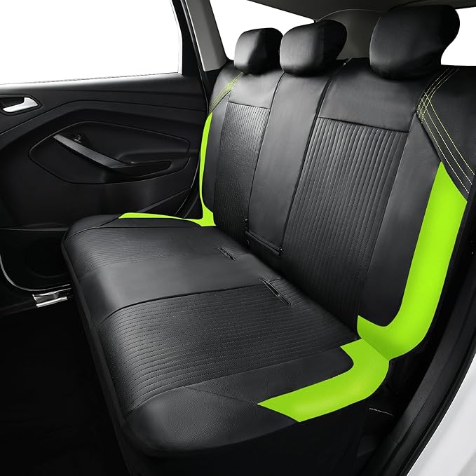 Flying Banner Synthetic Leather car seat Covers Full Set Front and Rear Bench Fashion Easy Installation Cup Holder Free (Black & Green, Low Bucket - Full Set)