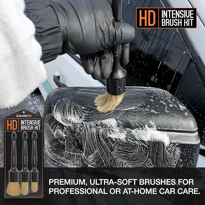 Suds Lab HD Intensive Brush Kit 3 Pack- Premium Boar’s Hair Brushes - Scratch Free Design - Fine Detailing Brushes For Personal And Professional Use
