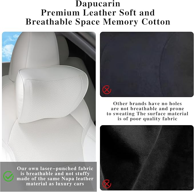 Car Headrest Pillow 100% Memory Foam, Breathable Removable Leather Cover, Premium Seat Support Head Neck Cushion for Driving Travel Home Office, White, 1 Pack