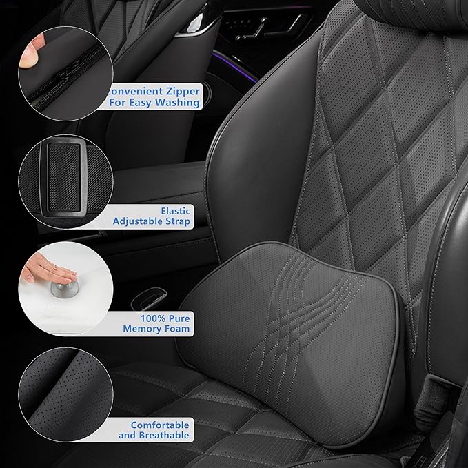 Lumbar Support Pillow for Car Memory Foam Back Sleeper Cushion for Drving Seat for Most Car SUV Home Office Black
