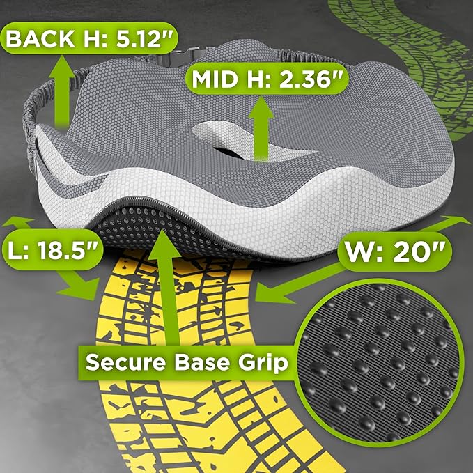 Large Truck Seat Cushion for Truck Driver Seat Cushion - Upgraded Back Support, CertiPUR-USยฎ Certified - Thick Memory Foam, Pain Relief for Hours of Driving, Trucker Approved Big Rig - Gray