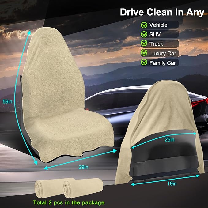 Car Seat Towel Cover, 2 Pack Universal Front Seat Protector for Cars, SUVs and Trucks, Sweat Towel Car Seat Cover for Gym, Yoga, Swimming, Pets and Family Travel, Beige,
