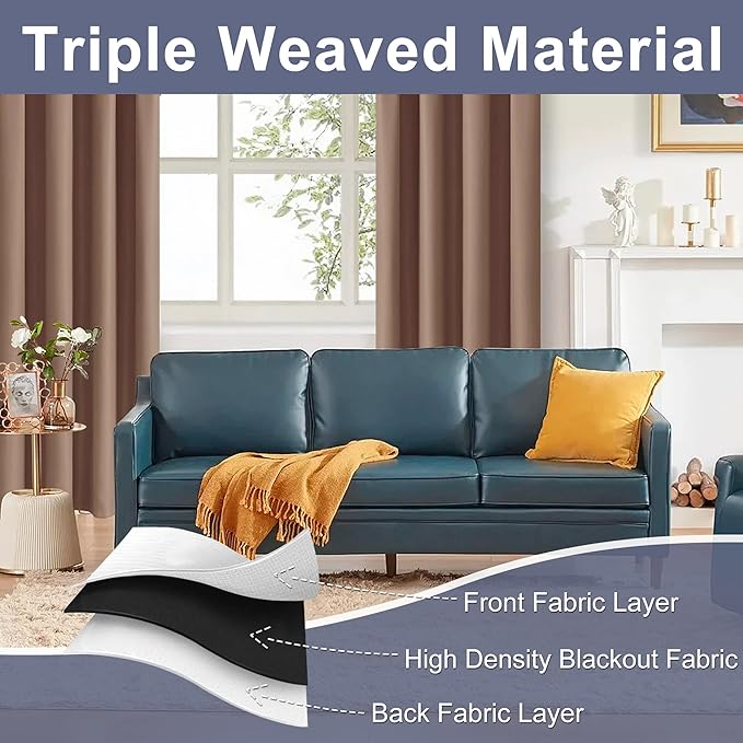 JIUZHEN Blackout Curtains for Bedroom - Thermal Insulated Room Darkening Noise Reducing, 70 x 84 Inch Length Curtains for Living Room, Set of 2 Panels with Tiebacks, Cappuccino