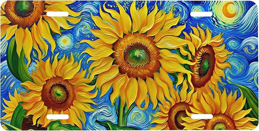 Front License Plate Sunflower Art Vanity Plates Aluminum Metal Decorative Car Tag Novelty License Plate Cover for Men Women 6 * 12 in (4 Holes)
