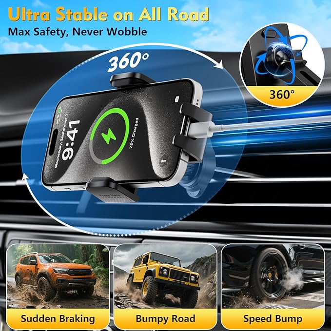 Phone Holders for Your Car 2025 Upgraded Military-Grade Strongest Suction & Stable Clamp Arm Car Phone Holder Mount 360°Adjustable for Dashboard, Windshield, Air Vent for iPhone Samsung, Carbon Fiber