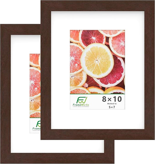 FrameWorks 2-Pack, 8x10 Matted to 5x7 Picture Frame, Mahogany – Classic Wooden Photo Frame with Tempered Glass, Modern Matte Finish for Prints, Posters, Certificates & Wall Decor – Gallery-Ready