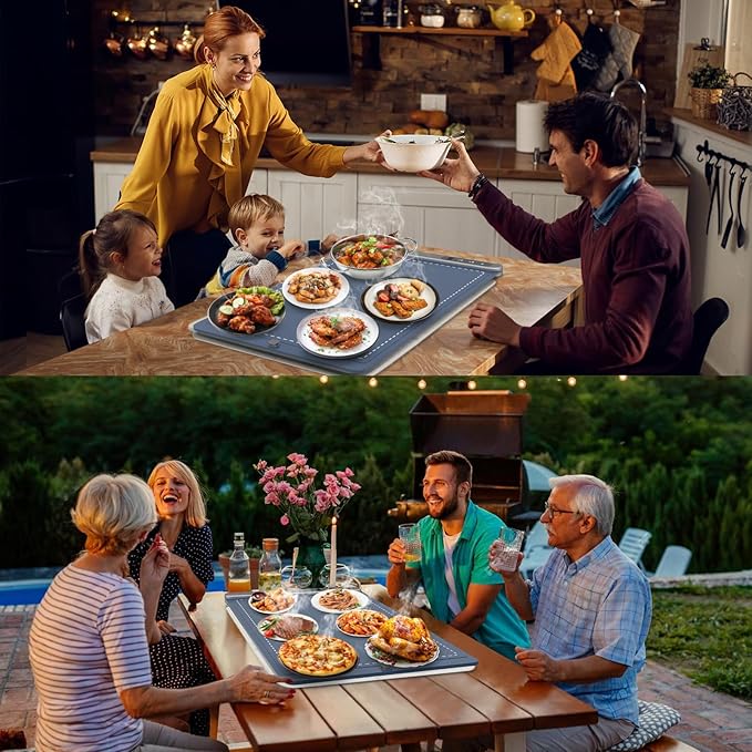 FYY Warming Mat for Food with Heat Resistant Pad, Prevent Countertop Cracks, Keep Meal Warm, Rapid and Full Surface Heating, 6 Temp Settings, 6H Timer, Upgraded Rollable Portable Food Warmer Mat Blue