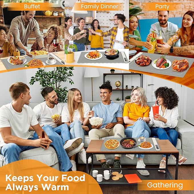 Electric Warming Tray with Adjustable Temperature-Portable Warming Mat for Food,Roll Up Silicone Food Warmer for Parties with 3 Temperature Settings,Versatile Food Warmers for Parties Buffet (Grey)