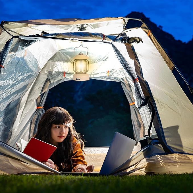 Rechargeable LED Camping Lanterns, Vintage Camping Lights Battery Operated, Portable Retro Metal Glamping Lights for Hiking, Hurricane, Decoration, Power outages, White, 1 Pack