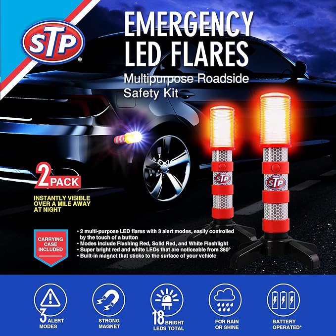 XTREME STP Emergency LED Road Flares, 3 Separate Lighting Modes: Flashing Red, Solid Red and White Flashlight, Visible From Up To A Mile, Foldable Stands/Built-In Magnet Sticks To Car
