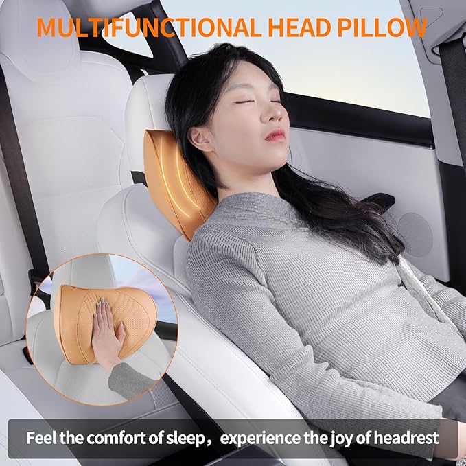 Car Neck Pillow Memory Foam Premium Leather Headrest Neck Support Cushion Universal for Driving Home Office, Palomino Brown,1PC