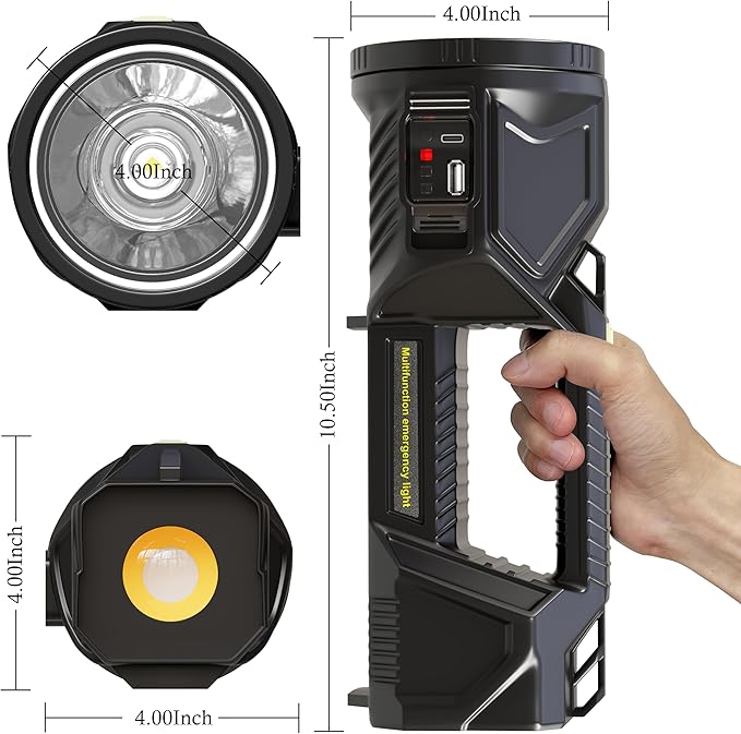 Solar Handheld Flashlight Rechargeable Multi Function High Bright 17000 Lumen 6 Modes LED Flashlight Emergency Strobe Light and 5400 MAH Battery Fishing Camping Emergency Light and USB Charging Cable