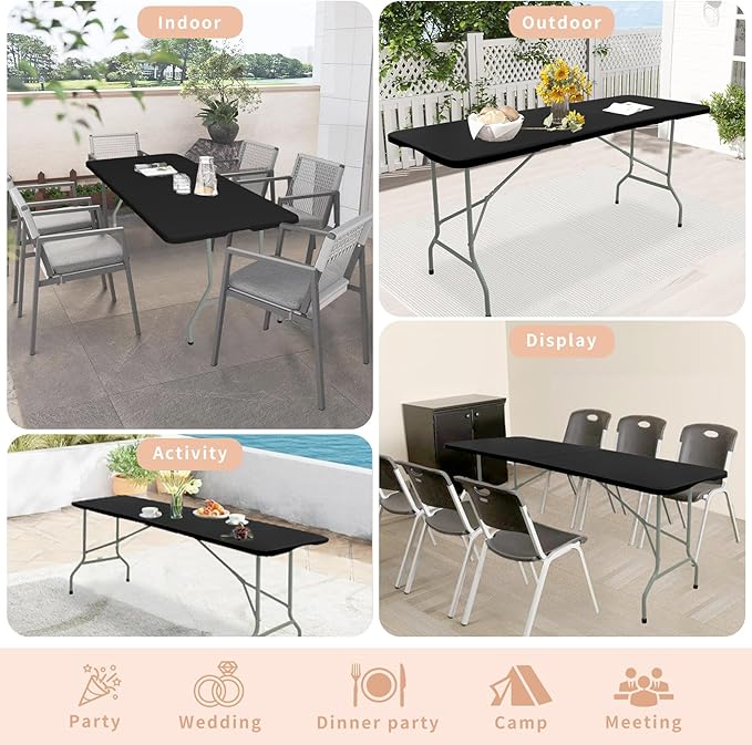 Set of 2 Folding Table 6 FT Lightweight Camping Table Portable Plastic Rectangular Outdoor Dining Table Steel Legs Fold-in-Half with Carrying Handle for Indoor,Picnic,Party,Wedding,Events(Black)