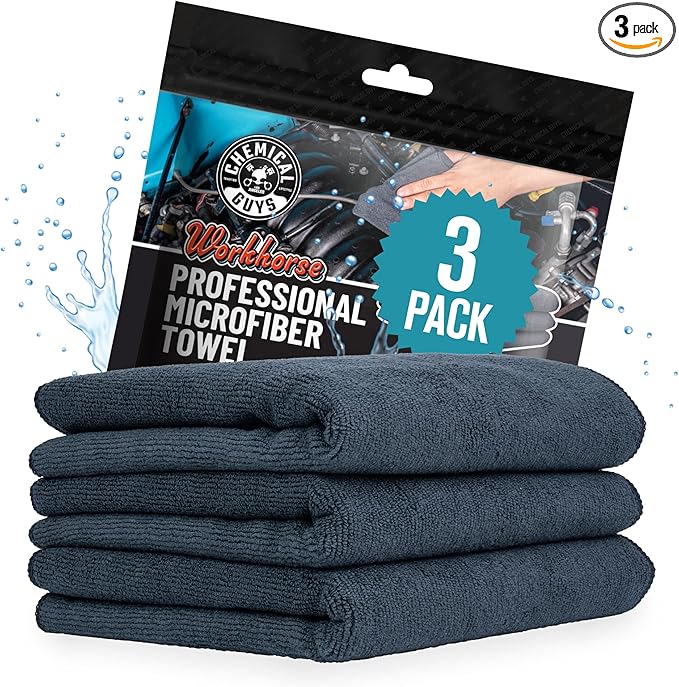 Chemical Guys MIC35303 Workhorse Professional Grade Microfiber Towel, Black, (Safe for Car Wash, Home Cleaning & Pet Drying Cloths) 16" x 16", Pack of 3
