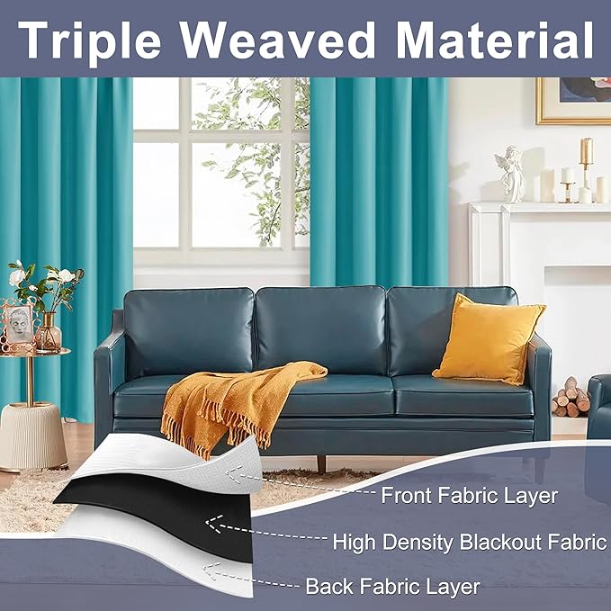 JIUZHEN Blackout Curtains for Bedroom - Thermal Insulated Room Darkening Noise Reducing, 70 x 84 Inch Length Curtains for Living Room, Set of 2 Panels with Tiebacks, Turquoise