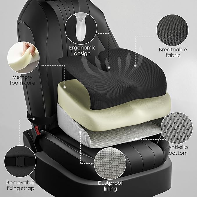 Adult Car Booster Seat Cushion, Memory Foam Wedge Car Seat Cushions for Short People Driving, Portable Driver Seat Cushion to Raise Height 3in for Car Truck Home Office Chair, Black